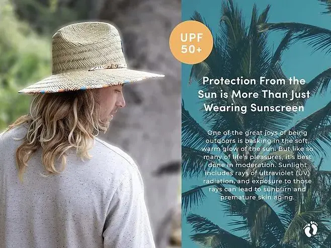 Weaved Woven Palm Hang Ten Beach Active Outdoor Straw Lifeguard Sun Hat with Adjustable Chin Cord Straw Hats